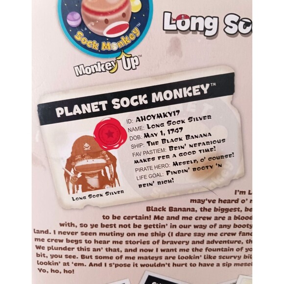 Vtg 2013 Long Sock Silver Planet Sock Monkey Pirate Toy w/ Sword & Hook Boxed - Picture 4 of 7